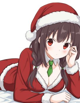 1girl blush braid breasts brown_hair cleavage collared_dress commentary_request dress green_necktie hair_over_shoulder hat kono_subarashii_sekai_ni_shukufuku_wo! large_breasts long_hair long_sleeves looking_at_viewer lying necktie on_stomach red_dress red_eyes red_hat sa_(nax49) santa_costume santa_dress santa_hat sidelocks simple_background twin_braids white_background yunyun_(konosuba)