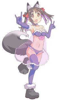 1girl :d animal_ear_fluff animal_ears bare_shoulders black_hair breasts brown_eyes commentary_request double_fox_shadow_puppet elbow_gloves fox_ears fox_shadow_puppet fox_tail frilled_panties frills fur-trimmed_gloves fur_trim gloves hair_ornament hair_ribbon hairclip highres ki_(adotadot) looking_at_viewer medium_breasts multicolored_hair navel nightgown official_alternate_costume onii-chan_wa_oshimai! open_mouth oyama_mihari panties paw_shoes purple_gloves purple_hair purple_panties purple_thighhighs red_ribbon ribbon see-through_clothes see-through_nightgown simple_background smile solo tail thighhighs twintails two-tone_hair underwear white_background