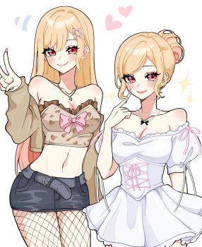 1girl absurdres belt blonde_hair blush breasts cleavage commentary crop_top dress english_commentary fishnet_pantyhose fishnets hand_up heart highres jewelry kitagawa_marin large_breasts long_hair looking_at_viewer miovartz multicolored_hair multiple_views navel necklace pantyhose puffy_short_sleeves puffy_sleeves red_eyes short_sleeves shorts smile sono_bisque_doll_wa_koi_wo_suru stomach v white_dress