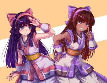 2girls ainu_clothes arm_up armpits breasts brown_eyes brown_hair dual_persona fingerless_gloves gloves grin hair_ribbon hand_on_own_hip highres index_finger_raised long_hair looking_at_viewer medium_breasts multiple_girls murasaki_nakoruru nakoruru pants purple_eyes purple_hair ribbon samurai_spirits smile snk teeth