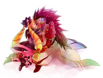 blonde_hair bloomers bow brown_hair dress elise_(fire_emblem) fire_emblem fire_emblem_fates flower hachimaru_(ediciusa) hair_bow head_wreath kneeling long_hair multicolored_hair nintendo older_male_and_younger_female pauldrons purple_eyes purple_hair ryoma_(fire_emblem) shoulder_armor simple_background sitting twintails two-tone_hair underwear