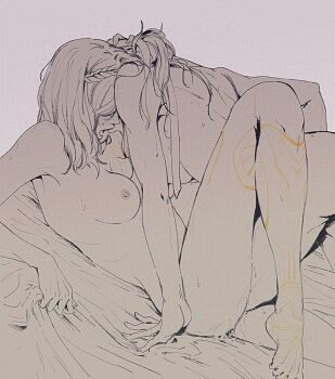 2girls arm_tattoo blush breasts clair_obscur:_expedition_33 commentary hand_on_another&#039;s_head highres hoj_duck leg_tattoo long_hair lune_(clair_obscur:_expedition_33) multiple_girls nipples open_mouth pussy_juice sciel_(clair_obscur:_expedition_33) sweat symbol-only_commentary tattoo yuri