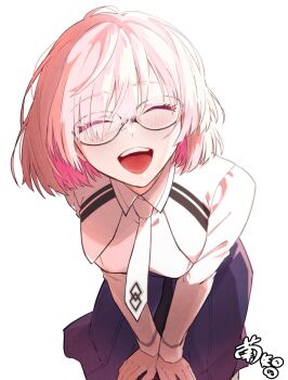 1girl black_skirt bloom breasts chaldea_logo closed_eyes colored_inner_hair commentary cowboy_shot facing_viewer fate/grand_order fate_(series) highres kikuyuma leaning_forward light_blush long_sleeves mash_kyrielight mash_kyrielight_(chaldea_uniform) medium_breasts multicolored_hair necktie open_mouth pink_hair short_hair sidelighting skirt smile solo striped_clothes teeth upper_teeth_only white_necktie wing_collar