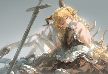 1girl alternate_costume animal_ears apron arknights bare_shoulders black_dress black_shoes blood blood_on_clothes breasts chair commentary covering_own_mouth degenbrecher_(arknights) detached_sleeves dress english_commentary enmaided frilled_apron frilled_dress frilled_headwear frilled_skirt frilled_sleeves frills goat_ears goat_girl goat_horns helen_zzhao high_heels highres horns japanese_clothes looking_at_viewer maid maid_apron maid_headdress medium_breasts planted planted_sword planted_weapon puffy_sleeves ribbon shoes simple_background skirt solo sword thighhighs wa_maid waist_apron weapon white_apron white_thighhighs