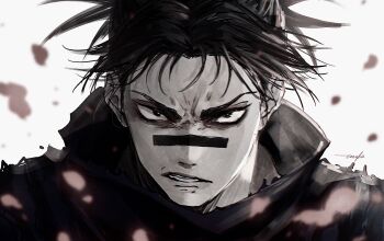 1boy 28cg absurdres black_hair blood choso_(jujutsu_kaisen) closed_mouth highres japanese_clothes jujutsu_kaisen looking_at_viewer male_focus short_hair short_twintails signature simple_background solo teeth twintails white_background