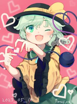 Rule 34 | 1girl, :d, absurdres, artist name, black hat, blush, bow, buttons, dated, diamond button, eyeball, frilled shirt collar, frilled sleeves, frills, green eyes, green hair, green skirt, hat, hat bow, heart, heart hands, heart in heart hands, heart of string, highres, koishi day, komeiji koishi, long sleeves, looking at viewer, medium hair, one eye closed, open mouth, pink background, ribbon, shirt, skirt, smile, solo, third eye, toroid (621997), touhou, upper body, wide sleeves, yellow bow, yellow shirt