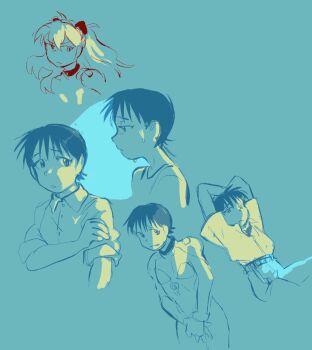 1boy 1girl arms_behind_head belt buttons collar collared_shirt covering_privates dokudrinker greyscale_with_colored_background ikari_shinji interface_headset_(evangelion) long_hair looking_to_the_side mecha_pilot_suit monochrome multiple_expressions multiple_perspective multiple_views neon_genesis_evangelion pants plugsuit_(evangelion) polo_shirt scowl shirt sleeves_rolled_up source_request souryuu_asuka_langley sweat sweatdrop t-shirt undershirt white_shirt