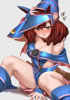 1girl alternate_costume animal_ears bare_shoulders blue_boots blush boots breasts brown_eyes brown_hair cleavage cosplay dark_magician_girl dark_magician_girl_(cosplay) dress duel_monster ear_covers grey_background hat highres holding horse_ears horse_girl horse_tail hoshikuzu_kizuna_(kizuna_stardust) large_breasts long_hair looking_at_viewer medium_breasts millennium_puzzle multicolored_hair nice_nature_(umamusume) off-shoulder_dress off_shoulder open_mouth pentacle pentagram pink_skirt showgirl_skirt skirt smile solo staff streaked_hair tail umamusume wizard_hat yu-gi-oh!