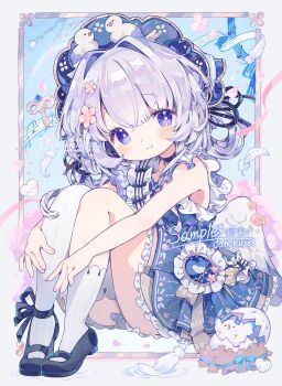 1girl absurdres amakawa_tamawo ankle_ribbon asymmetrical_legwear bird black_ribbon black_shoes blue_choker blue_dress blue_eyes blush border borrowed_character bright_pupils choker commentary_request commission dot_nose dress egg feathers floral_print flower frilled_dress frills grey_background grey_hair hair_flower hair_intakes hair_ornament hands_on_own_legs hat highres knees_up leg_ribbon long_hair looking_at_viewer musical_note original ornate_border ribbon sample_watermark shoes short_sleeves signature single_sock single_thighhigh sitting skeb_commission smile socks solo thighhighs watermark white_socks white_thighhighs