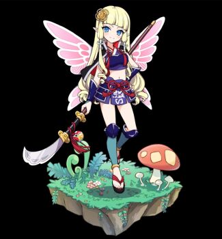 1girl arm_guards black_background blonde_hair blue_eyes blunt_bangs blush breasts closed_mouth crop_top elf flying full_body geta grass hair_ornament hakama hakama_short_skirt hakama_skirt hand_on_own_hip highres holding holding_polearm holding_weapon insect_wings ivy japanese_clothes kimono knee_guards long_hair low-tied_sidelocks medium_breasts merc_storia merc_storia_art_team miniskirt minoli_(merc_storia) mushroom naginata navel official_art pointy_ears polearm purple_kimono sidelocks simple_background skirt sleeveless sleeveless_kimono smile solo tachi-e thighs tsurime very_long_hair weapon wings