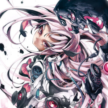 album_cover bad_id bad_pixiv_id cover dain long_hair mechanical mechanical_arms mechabare original pink_hair plug purple_eyes simple_background single_mechanical_arm solo