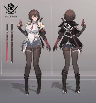 1girl absurdres bare_shoulders black_boots black_jacket black_pantyhose boots breasts commentary_request finger_on_trigger fingerless_gloves floral_print full_body gloves grey_shorts gun handgun high_heel_boots high_heels highres holding holding_gun holding_weapon holster jacket large_breasts makarov_pm mechanical_arms multiple_views necktie open_clothes open_jacket original pantyhose red_necktie sheath sheathed short_necktie short_shorts shorts single_fingerless_glove single_mechanical_arm sword sword_on_back thigh_holster thighband_pantyhose turnaround weapon weapon_on_back youlan