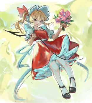 1girl black_shoes blonde_hair commentary dress flandre_scarlet flower full_body hat highres holding holding_flower laevatein_(touhou) mob_cap no_wings one_side_up open_mouth pantyhose petticoat pink_flower red_dress shoes solo touhou white_hat white_pantyhose yolandabaka