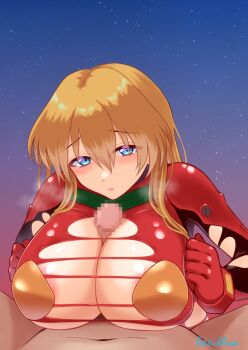 Rule 34 | 1girl, :o, aged up, alternate breast size (larger), bacillus, blue eyes, blush, bodysuit, breasts, breasts squeezed together, brown hair, censored, cleavage, embarrassed, evangelion: 3.0+1.0 thrice upon a time, grabbing own breast, hair down, hanging breasts, heavy breathing, hetero, large breasts, legs apart, long hair, looking at another, looking at viewer, neon genesis evangelion, night, open mouth, outdoors, paizuri, paizuri under clothes, penis, rebuild of evangelion, shiny clothes, shiny skin, sky, souryuu asuka langley, thighs, torn bodysuit, torn clothes, tsundere, wardrobe malfunction