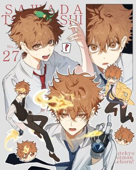 ! 1boy animal animal_on_head arm_up black_gloves black_pants black_shoes black_vest blue_necktie brown_eyes brown_hair character_name collared_shirt commentary_request copyright_name fire gloves highres jacket katekyo_hitman_reborn! korean_commentary lapels lizard male_focus multiple_views necktie notched_lapels on_head open_collar open_mouth pants red_necktie sanpaku sawada_tsunayoshi shirt shoes speech_bubble spoken_exclamation_mark sum_i vest white_shirt wing_collar yellow_jacket