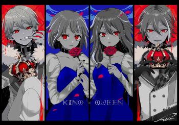 2boys 2girls alternate_eye_color belt_collar black_gloves black_nails blue_dress collar column_lineup commentary creator_connection crossed_legs crown detached_sleeves dot_nose dress finger_to_mouth flower gloves greyscale highres holding holding_crown holding_flower juliet_sleeves kamishiro_rui king_(vocaloid) kusanagi_nene limited_palette long_sleeves looking_at_viewer monochrome multicolored_hair multiple_boys multiple_girls ootori_emu open_mouth partially_colored petals project_sekai puffy_sleeves queen_(vocaloid) red_eyes red_flower red_rose rose rose_petals short_hair signature sitting song_name songover standing strapless strapless_dress streaked_hair t_b7ce390 tenma_tsukasa wonderlands_x_showtime_(project_sekai)