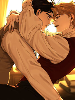 2boys arms_around_neck backlighting black_hair blonde_hair blue_eyes book commentary_request desk dio_brando eyelashes face-to-face from_side g-class_citizen hair_between_eyes highres imminent_kiss jojo_no_kimyou_na_bouken jonathan_joestar long_sleeves male_focus multiple_boys on_desk open_mouth parted_lips phantom_blood pile_of_books profile shirt short_hair sitting upper_body vest window yaoi