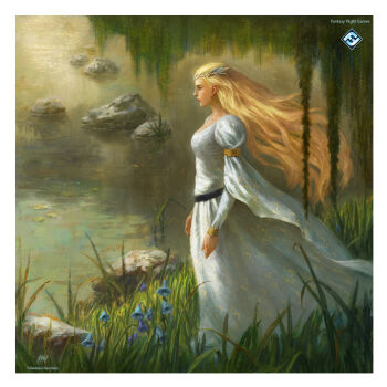 1girl armlet artist_logo artist_name blonde_hair blue_flower border closed_mouth commentary dress elf english_commentary flower galadriel gold_armlet grass highres jewelry lake logo long_grass long_hair nature outdoors pointy_ears queen rock scenery sebastian_giacobino signature solo standing the_lord_of_the_rings tolkien's_legendarium tree wavy_hair white_border white_dress