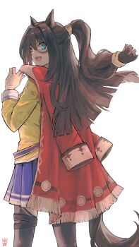 1girl absurdres animal_ears black_thighhighs blue_eyes brown_hair coat domino_mask el_condor_pasa_(el_numero_1)_(umamusume) el_condor_pasa_(umamusume) eye_mask hair_between_eyes highres holding holding_coat holding_unworn_clothes horse_ears horse_girl horse_tail jacket long_hair long_sleeves looking_at_viewer looking_back mask ootato open_mouth pleated_skirt ponytail purple_skirt red_coat red_jacket shirt simple_background skirt smile solo tail thighhighs umamusume unworn_coat white_background yellow_shirt