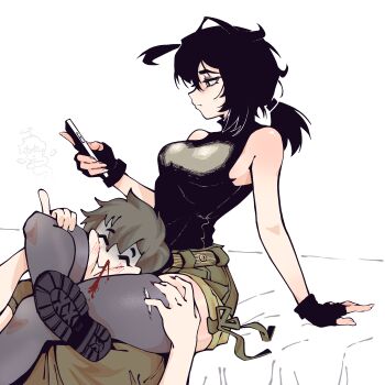 1boy 1girl absurdres anomarasu armpit_crease between_thighs black_gloves black_hair blood blush breasts cellphone commentary crushing english_commentary expressionless femdom fingerless_gloves gloves green_shorts grey_hair head_between_thighs highres holding holding_phone looking_at_phone low_ponytail masochism medium_breasts medium_hair nosebleed original phone ponytail scissorhold short_hair short_ponytail shorts sitting skindentation smartphone smile thighhighs thighs turn_pale white_background