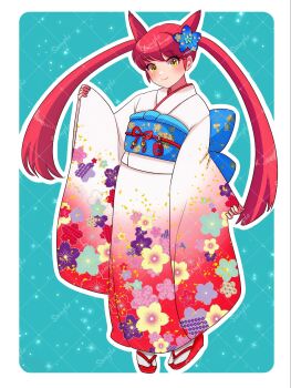 1girl alternate_costume closed_mouth commentary commission english_commentary floral_print floral_print_kimono full_body gen_3_pokemon highres japanese_clothes kimono latias latias_(human)_(pokemon_adventures) legendary_pokemon long_hair long_sleeves looking_at_viewer nintendo nonoworks obi pokemon pokemon_adventures print_kimono red_eyes sample_watermark sandals sash signature sleeves_past_wrists smile socks solo twintails very_long_hair watermark white_socks wide_sleeves yellow_eyes