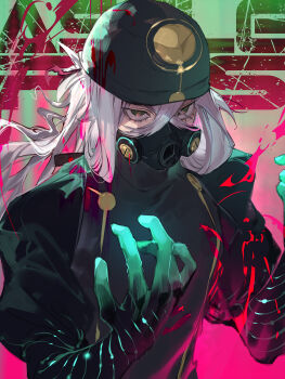 1boy asclepius_(fate) asclepius_(second_ascension)_(fate) black_coat black_hat character_name coat commentary covered_mouth crossed_bangs english_text fate/grand_order fate_(series) gloves gradient_gloves green_eyes green_gloves hair_between_eyes hands_up hat highres juliet_sleeves long_sleeves looking_at_viewer lower_eyelashes_only male_focus mask mouth_mask ponytail puffy_sleeves respirator sidelocks_tied_back solo surgical_cap suzuhi_(fullprayer) upper_body white_hair