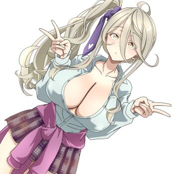 1girl :o blue_shirt breasts brown_hair brown_skirt cardigan cardigan_around_waist cleavage clothes_around_waist collarbone commentary double_v hair_between_eyes large_breasts long_hair looking_at_viewer make_heroine_ga_oo_sugiru! pink_cardigan plaid_clothes plaid_skirt ruri_(ruri_) school_uniform shikiya_yumeko shirt side_ponytail skirt solo v yellow_eyes