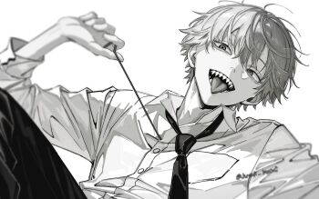 1boy absurdres buttons chainsaw_man collared_shirt commentary_request denji_(chainsaw_man) greyscale highres hrak_mumi long_sleeves looking_at_viewer male_focus monochrome necktie pants pull_cord sharp_teeth shirt short_hair simple_background solo teeth tongue tongue_out twitter_username white_background