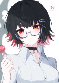 ! !? 1girl absurdres black_choker black_hair blurry blurry_background blush breasts candy choker closed_mouth colored_inner_hair commentary_request ellen_joe ellen_joe_(on_campus) fins fish_tail food glasses head_tilt highres holding holding_candy holding_food holding_lollipop lollipop looking_at_viewer looking_over_eyewear magnet_8_8 medium_breasts mole mole_under_eye multicolored_hair official_alternate_costume pendant_choker portrait razor_blade_hair_ornament red_eyes red_nails scar scar_on_tail shadow shark_girl shark_tail shirt short_hair simple_background solo tail white_background white_shirt zenless_zone_zero