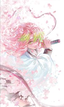 Rule 34 | 1girl, asymmetrical bangs, braid, breasts, cape, character request, cherry blossoms, cleavage, closed mouth, eyelashes, falling petals, fingernails, flower, green eyes, highres, holding, holding sword, holding weapon, kimetsu no yaiba, lips, long sleeves, looking at viewer, medium breasts, mole, mole under eye, multicolored hair, parted bangs, petals, pink flower, pink hair, pink petals, san wu maoliang, solo, sword, two-tone hair, weapon, white cape