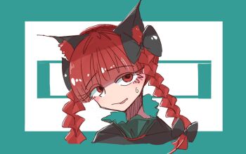 1girl animal_ears aqua_background black_bow black_bowtie bow bowtie braid cat_ears cat_girl commentary_request kaenbyou_rin looking_at_viewer miso_konbu open_mouth red_eyes red_hair side_braids solo sweatdrop touhou twin_braids upper_body