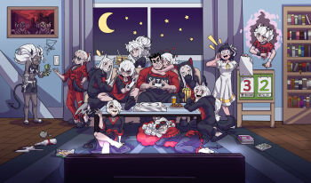 1boy 6+girls absurdres alcohol alternate_costume angel animal_costume animal_ears azazel_(helltaker) bags_under_eyes barefoot beelzebub_(helltaker) black_hair black_horns black_tail blue_eyes blush capri_pants carpet cerberus_(helltaker) cigarette coffee_table controller couch crescent_moon curly_hair dark_skin demon_girl demon_horns demon_tail dog_costume dog_ears dog_girl ear_piercing enmaided everyone face_piercing food game_console game_controller gauntlets glasses hair_over_one_eye harem heart heart-shaped_pupils helltaker helltaker_(character) highres horns hugging_object indoors jewelry judgement_(helltaker) justice_(helltaker) lip_piercing living_room looking_at_viewer lucifer_(helltaker) maid malina_(helltaker) mask mask_on_head modeus_(helltaker) mole mole_under_eye money moon mud_mask multiple_girls necklace night nightgown on_couch pajamas pancake pandemonica_(helltaker) pants picture_frame piercing pillow pillow_hug playing_games portal_(object) red_eyes roonma1 rug short_hair skeleton_(helltaker) sky sleep_mask sleepover sleepwear slippers smile smoking star_(sky) sunglasses symbol-shaped_pupils table tail television triplets white_eyes white_hair white_horns zdrada_(helltaker)