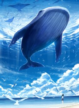 1girl air_bubble bare_legs beach bird black_hair blue_sailor_collar blue_skirt blue_sky bubble cloud commentary_request cumulonimbus_cloud day fish floating_hair flock flying_whale gensuke_(ryun) highres horizon long_hair manta_ray ocean original outdoors pleated_skirt sailor_collar school_uniform seagull serafuku shirt short_sleeves skirt sky solo standing surreal underwater wading whale white_shirt wide_shot