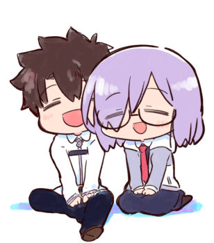 1boy 1girl :d =_= black_dress black_pants blush brown_hair chaldea_uniform chibi closed_eyes collared_dress collared_jacket commentary_request dress eyes_visible_through_hair fate/grand_order fate_(series) fujimaru_ritsuka_(male) grey_jacket hair_between_eyes hair_over_one_eye hood hood_down hooded_jacket jacket kasuga_yuuki mash_kyrielight necktie open_clothes open_jacket open_mouth pants purple_hair red_necktie simple_background sitting smile white_background white_jacket