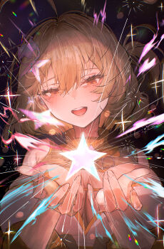 +_+ 1girl :d absurdres ahoge anis_(nikke) blush breasts brown_hair cleavage fingerless_gloves gloves goddess_of_victory:_nikke hair_ornament hairclip highres iwazaki jacket large_breasts looking_at_viewer open_mouth short_hair single_fingerless_glove smile solo star_(symbol) symbol-shaped_pupils teeth upper_body upper_teeth_only yellow_eyes