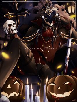1boy alternate_costume arm_up ascot black_cape black_gloves black_helmet blood blood_on_armor bloody_weapon candle cape capitano_(genshin_impact) collared_shirt commentary cross english_commentary english_text fire genshin_impact gloves halloween head_rest helmet highres holding holding_skull inset_border jack-o&#039;-lantern jewelry lantern long_sleeves male_focus mystical_high_collar red_ascot red_vest ring shirt sitting sitting_on_throne skull solo sword two-sided_cape two-sided_fabric uouzzz vest weapon wing_collar