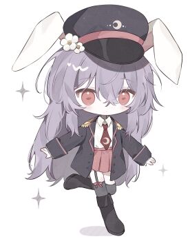 1girl animal_ears black_boots black_hat black_jacket black_thighhighs boots bow bow_legwear chibi chibi_only closed_mouth collared_shirt commentary dedede_mon double-parted_bangs full_body garter_straps hair_between_eyes hat highres jacket knee_boots leg_up long_hair long_sleeves necktie open_clothes open_jacket pink_skirt pleated_skirt purple_hair rabbit_ears rabbit_girl red_bow red_eyes red_necktie reisen_udongein_inaba shirt simple_background skirt solo sparkle standing standing_on_one_leg symbol-only_commentary thighhighs touhou very_long_hair white_background white_shirt