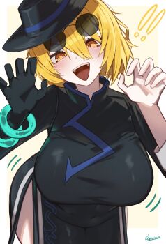 ! !! 1girl absurdres black_dress black_gloves black_hat blonde_hair blush breasts china_dress chinese_clothes commentary_request cowboy_shot don_quixote_(project_moon) dress eyewear_on_head gloves hair_between_eyes hat highres large_breasts leaning_forward limbus_company looking_at_viewer open_mouth partial_commentary project_moon round_eyewear short_hair side_slit single_glove solo standing sunglasses tongue twitter_username worimiru yellow_eyes