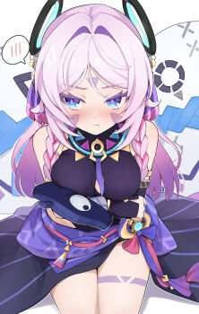 1girl averting_eyes bare_shoulders black_gloves blue_eyes body_markings braid breasts citlali_(genshin_impact) closed_mouth facial_mark facing_viewer fingerless_gloves forehead_mark from_above genshin_impact gloves highres multicolored_hair pink_hair pink_pupils pout purple_sarong sarong sitting spoken_blush triangle triangle_facial_mark twin_braids ura_(hamburg_oniku) v-shaped_eyebrows vision_(genshin_impact)