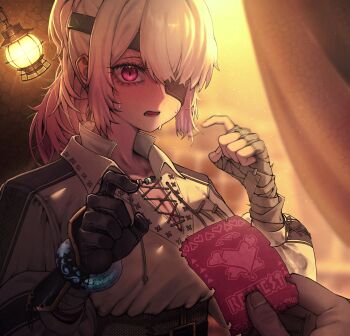 1girl bandaged_arm bandages black_gloves breasts brown_shirt cleavage collared_shirt commission eyepatch gloves gradient_hair highres holding holding_ticket looking_at_viewer monster_hunter_(character) monster_hunter_(series) multicolored_hair nupp open_mouth pink_hair pointing pointing_at_self ponytail pov pov_hands red_eyes shirt solo_focus sweat ticket white_hair