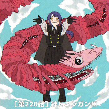 1girl black_cape black_dress black_gloves blue_sky cape chainsaw_man closed_mouth cloud cloudy_sky dress facial_scar gloves highres long_hair monster moray_eel_devil_(chainsaw_man) outstretched_arms pinafore_dress purple_hair scar scar_on_cheek scar_on_face scar_on_nose shirt sky sleeveless sleeveless_dress usuki_(edd3a1usuki) white_shirt yellow_eyes yoru_(chainsaw_man)