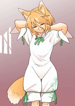 1girl animal_ears animated animated_gif bare_arms bare_legs bare_shoulders blonde_hair breasts closed_eyes collarbone commentary_request completely_nude dress fox_ears fox_girl fox_tail fuuzasa gradient_background green_ribbon hair_between_eyes highres holding holding_unworn_clothes kudamaki_tsukasa looking_at_viewer looking_down looking_to_the_side mandarin_collar navel neck_ribbon nipples no_pussy nude off_shoulder ribbon romper short_hair short_sleeves small_breasts smile solo tail third-party_edit touhou undressing unworn_dress white_romper yellow_eyes