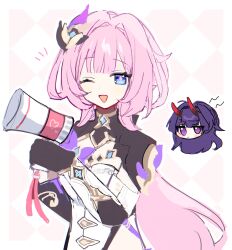 Rule 34 | 2girls, ;d, argyle, argyle background, black gloves, blue eyes, chibi, chibi inset, closed mouth, commentary, done (qz1c ), dress, elysia (honkai impact), gloves, hair intakes, heart, highres, holding, holding megaphone, honkai (series), honkai impact 3rd, horns, long hair, megaphone, multiple girls, one eye closed, open mouth, pink hair, purple eyes, purple hair, raiden mei, sketch, smile, upper body, very long hair, white dress