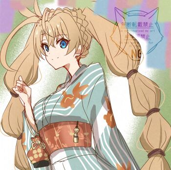 1girl ahoge blue_eyes bradamante_(fate) breasts fate/grand_order fate_(series) highres japanese_clothes kimono large_breasts looking_at_viewer shirt solo tanutika twintails twitter_username watermark white_shirt yukata