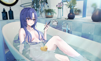 1girl artist_name bath bathing bathtub black_halo blue_archive breasts checkered_wall closed_mouth commentary_request completely_nude doodle_sensei_(blue_archive) halo highres hiragi_1014 holding holding_phone long_hair looking_at_phone medium_breasts navel nude phone rubber_duck sensei_(blue_archive) shampoo_bottle smile solo spoken_character vase water wet yuuka_(blue_archive)