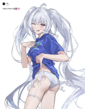 1girl ahoge arts_shirt bikini breasts cherroppi commentary_request cowboy_shot fate/grand_order fate_(series) highres korean_commentary lady_avalon_(fate) lady_avalon_(second_ascension)_(fate) licking_lips lifting_own_clothes looking_at_viewer medium_breasts merlin_(fate/prototype) red_eyes request_inset solo swimsuit thighs tongue tongue_out twintails white_bikini white_hair