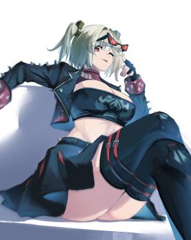 1girl absurdres black_skirt blonde_hair breasts burnice_white commentary crossed_legs eyewear_on_head highres kaze// large_breasts looking_at_viewer one_eye_closed red_eyes short_twintails skirt solo twintails zenless_zone_zero