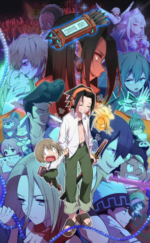 6+boys 6+girls afro ainu_clothes amidamaru asakura_hao asakura_yoh beads black_dress black_hair blonde_hair blue_hair brown_hair cape chocolove_mcdonell commentary conchi_(shaman_king) dress eliza_(shaman_king) everyone eyewear_on_head fairy ghost green_eyes green_hair hairband headband headphones highres hug husband_and_wife iron_maiden_jeanne jewelry johann_faust_viii katana kate_iwana kororo kyouyama_anna leaf_umbrella long_hair looking_at_another looking_at_viewer lyserg_diethel marco_lasso matamune morphine multiple_boys multiple_girls necklace ofuda opacho oyamada_manta pink_eyes pink_hair ponchi_(shaman_king) prayer_beads purple_eyes red_eyes scarf school_uniform shaman_king short_hair silver_hair sleeveless smile sunglasses sword tamamura_tamao tao_jun tao_ren umemiya_ryuunosuke usui_horokeu weapon