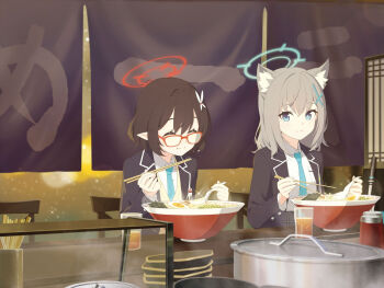 2girls animal_ears ayane_(blue_archive) black_hair black_jacket blazer blue_archive blue_eyes blue_halo blue_necktie blurry bokeh bowl bowl_stack chopsticks closed_eyes closed_mouth collared_shirt depth_of_field doremi_(doremi4704) eating egg food game_asset glasses grey_hair hair_ornament hairclip halo highres holding holding_chopsticks hwansang indoors jacket long_sleeves multiple_girls necktie non-web_source noodles noren official_art pointy_ears ramen red-framed_eyewear red_halo restaurant school_uniform self-datamine shiroko_(blue_archive) shirt short_hair sitting smile steam table upper_body white_shirt wolf_ears x_hair_ornament