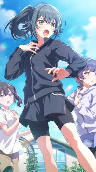 3girls black_hair blue_eyes building cloud gakuen_idolmaster game_cg green_eyes green_hair grey_eyes hataya_misuzu idolmaster jacket kaya_rinha leaf multiple_girls official_art open_mouth ponytail purple_hair shirt short_shorts shorts sunlight sweat t-shirt tsukimura_temari window zipper